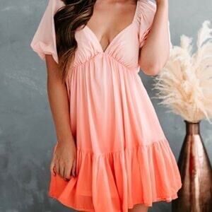 Love Colette Orange Coral Ombre Short Sleeve Tiered Mini Dress Ruffle Size M